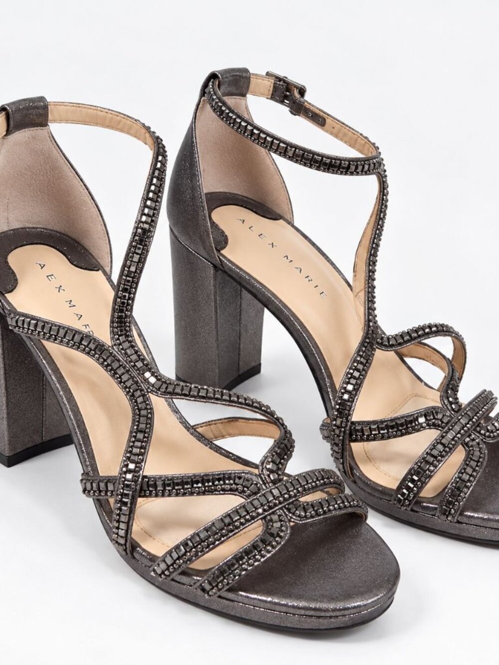 Alex Marie Rhinestone Heels 8.5 NWOB Gunmetal Strappy Block Heel Sandals